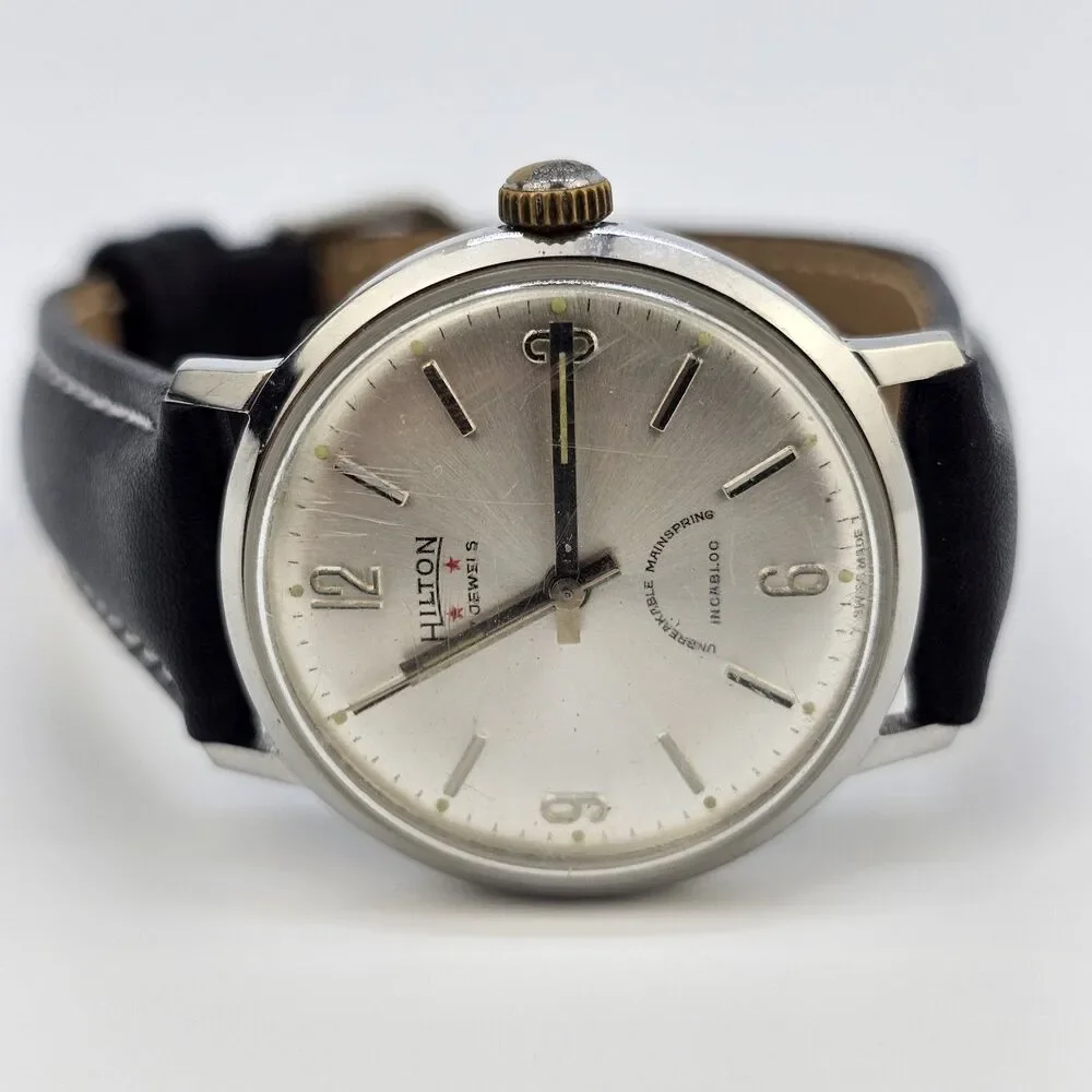 VTG Hilton Automatic Men's Watch 34MM‎ Gray Dial Swiss New Black Leather Bands - Picture 10 of 16
